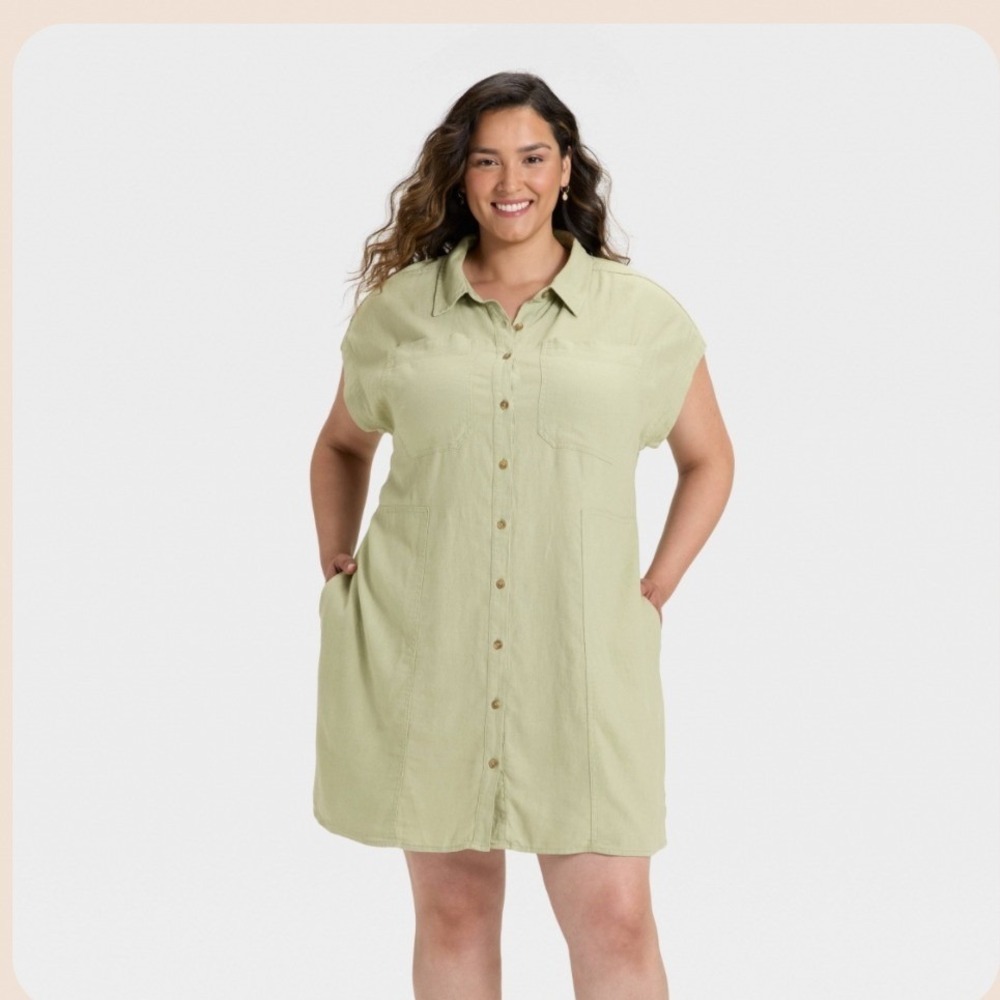 Universal Thread Linen Shirt Dress Womens XXL Olive Green Utility Coastal Boho - Picture 10 of 13